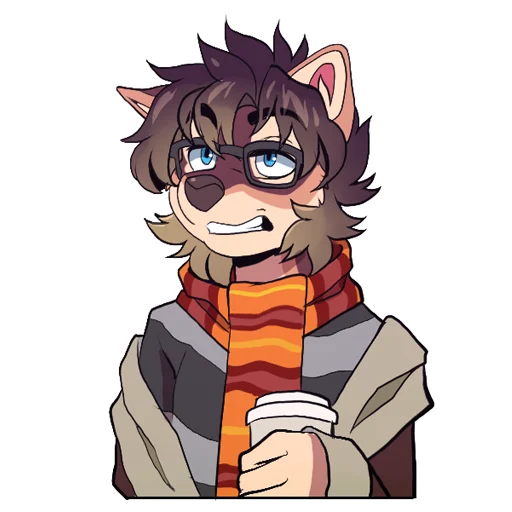 5_fingers anthro beverage blonde_hair blue_eyes brown_body brown_fur brown_hair brown_nose clothed clothing coffee eyewear fingers fur glasses hair male messy_hair multicolored_body multicolored_fur multicolored_hair scarf solo tan_body tan_fur telegram_sticker two_tone_hair aycee terry_(roanoak) canid canine canis domestic_dog mammal shiba_inu spitz 1:1 2021 alpha_channel digital_media_(artwork) shaded trans_(lore) trans_man_(lore)