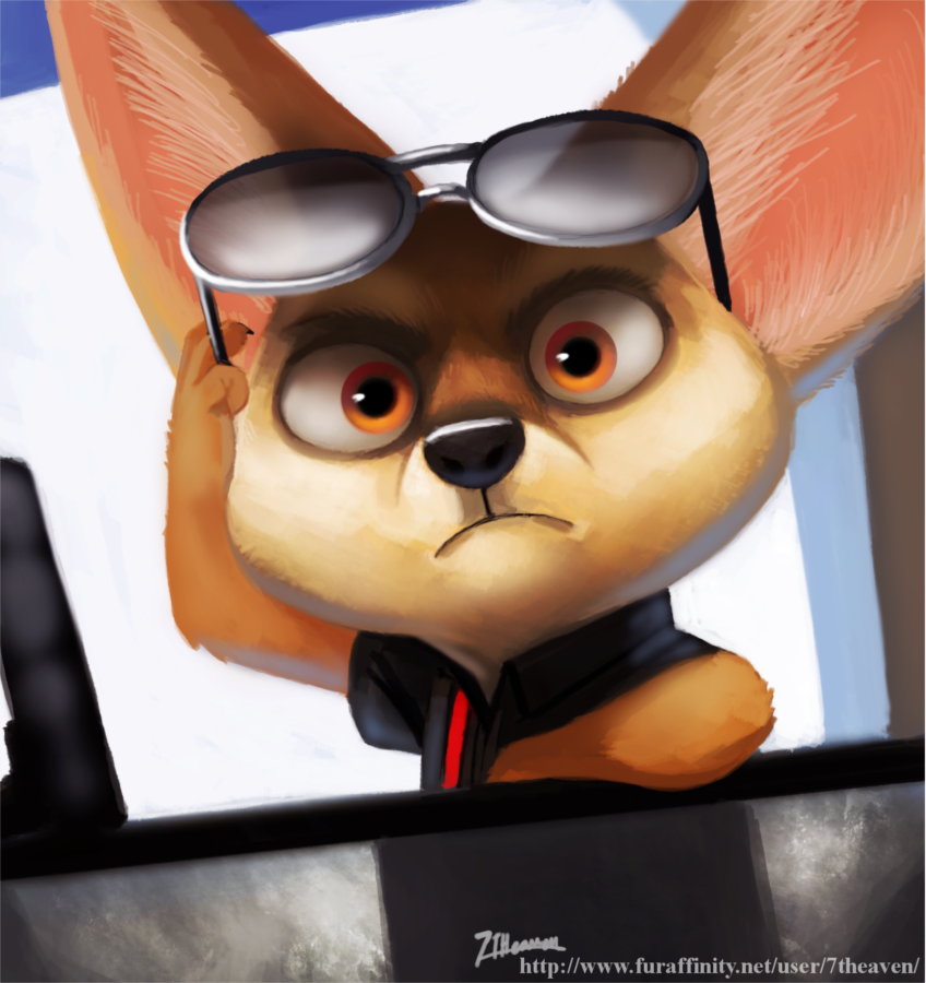 amber_eyes anthro black_nose brown_body brown_fur clothed clothing eyewear frown fur looking_at_viewer male multicolored_body multicolored_fur shirt solo stare sunglasses text topwear two_tone_body two_tone_fur white_body white_fur 7theaven disney zootopia finnick_(zootopia) canid canine fennec_fox fox mammal true_fox 2016 signature url