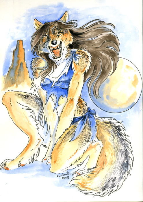 amber_eyes angry anthro biped black_body black_fur black_hair breasts clothed clothing fangs female full_moon fur hair kneeling moon on_one_knee open_mouth outside snarling solo tail tan_body tan_fur teeth torn_clothing white_body white_fur heather_bruton canid canine canis coyote mammal werecanid werecanine werecoyote werecreature 2018 full-length_portrait painting_(artwork) portrait traditional_media_(artwork) watercolor_(artwork)