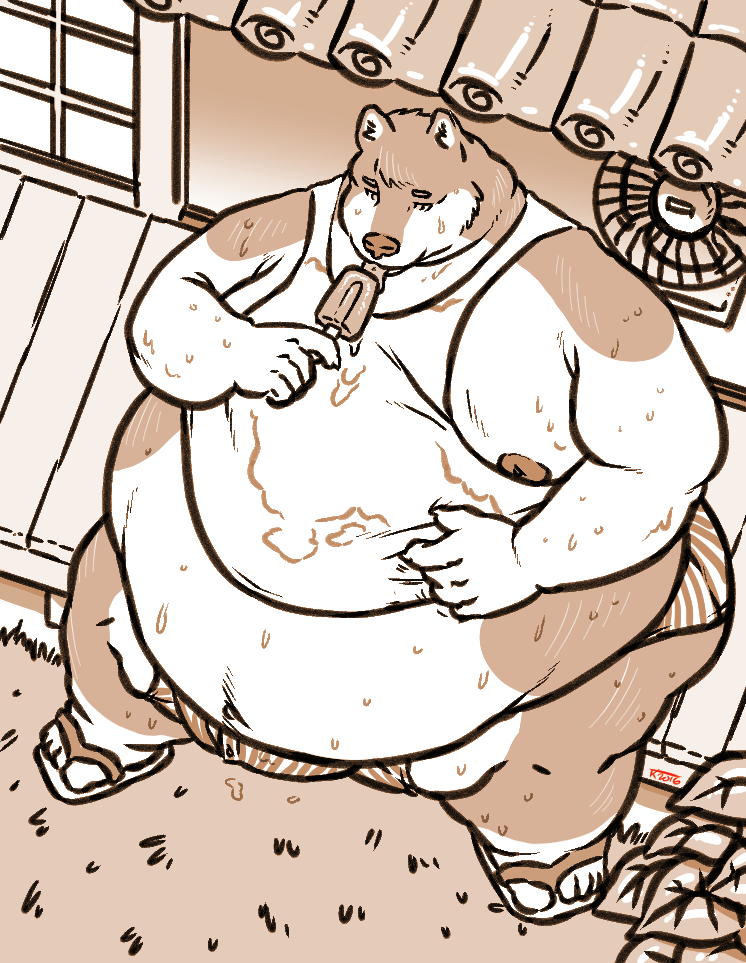 anthro belly belly_overhang big_belly big_butt biped bodily_fluids bulge butt claws clothed clothing detailed_background eating food hand_on_belly holding_food holding_object huge_belly huge_butt hyper hyper_belly licking male midriff morbidly_obese morbidly_obese_anthro morbidly_obese_male navel nipples obese obese_anthro obese_male outside overweight overweight_anthro overweight_male popsicle sitting solo sweat thick_thighs tongue tongue_out wide_hips tkc2021 canid canine canis domestic_dog mammal shiba_inu spitz