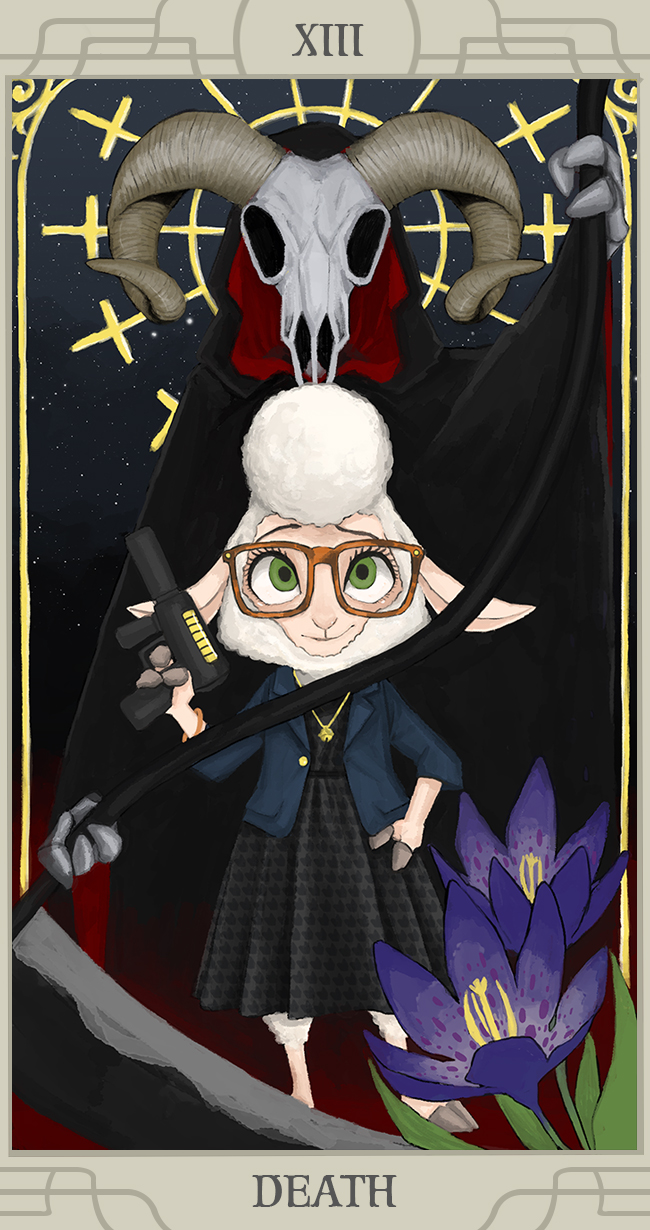 anthro bottomwear card card_template clothed clothing death_(tarot) duo eyewear female flower fortune_telling fully_clothed glasses green_eyes holding_object holding_weapon major_arcana melee_weapon plant polearm roman_numeral scythe skirt tarot tarot_card text weapon gae_bob9469 disney zootopia dawn_bellwether bovid caprine mammal sheep 2016 english_text hi_res