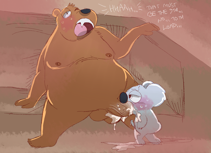 anthro balls bodily_fluids cum cum_in_mouth cum_inside cum_on_chest cum_pool dialogue duo fellatio genital_fluids genitals male male/male oral penile penis sex size_difference text thiger cartoon_network we_bare_bears grizzly_(we_bare_bears) nom_nom_(we_bare_bears) bear brown_bear grizzly_bear koala mammal marsupial ursine vombatiform english_text