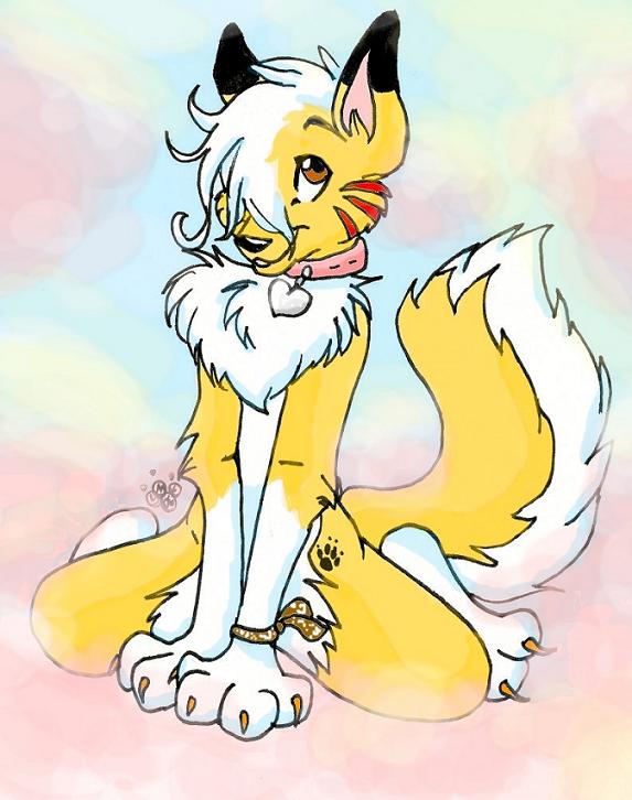 abstract_background anthro black_nose brown_eyes brown_wristband claws collar collar_only collar_tag eyebrows feet female fluffy fluffy_chest footprint fur handpaw head_tuft heart_collar_tag hindpaw hip_tattoo kneeling looking_up nude pawprint pawprint_tattoo paws pink_collar pink_inner_ear smile smile_lines snout solo tail tattoo tuft white_body white_fur wristband yellow_body yellow_claws yellow_fur blondefoxy lucky_(blondefoxy) canid canine mammal 2006 digital_media_(artwork) full-length_portrait mixed_media pen_(artwork) portrait traditional_media_(artwork)