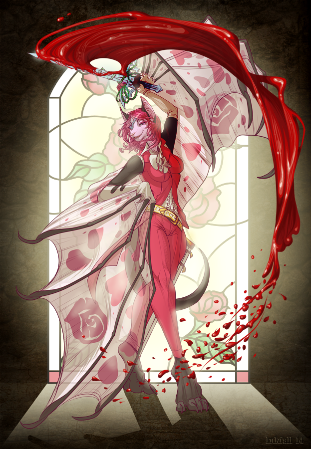 art_nouveau blood bodily_fluids female fur hair melee_weapon membrane_(anatomy) membranous_wings pink_body pink_fur pink_hair smile solo sword weapon wings inkfall nyxis bat mammal