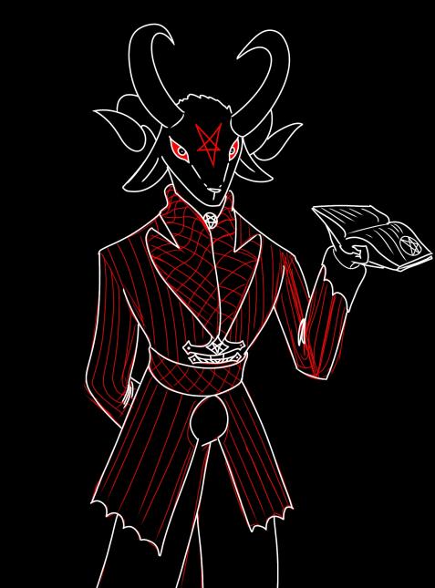 4_horns anthro black_body black_eyes black_fur book clothing curved_horn fluffy fur hand_behind_back holding_book holding_object horn looking_at_viewer male multi_horn occult_symbol outline pentagram pentagram_clothing red_sclera solo suit symbol vantablack_fur well_dressed white_outline nastyfr vanta_(protolady) bovid caprine caprine_demon demon mammal