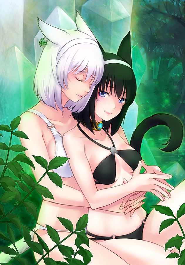 bare_shoulders bikini black_hair blue_eyes blush bra breasts cat_tail clothing cuddling duo eyes_closed facial_markings female female/female hair head_markings hug jewelry markings short_hair single_ear_ring smile swimwear two-piece_swimsuit underwear white_hair takatsuki_kahiro final_fantasy final_fantasy_xiv square_enix animal_humanoid cat_humanoid domestic_cat felid felid_humanoid feline feline_humanoid felis human humanoid mammal mammal_humanoid miqo'te