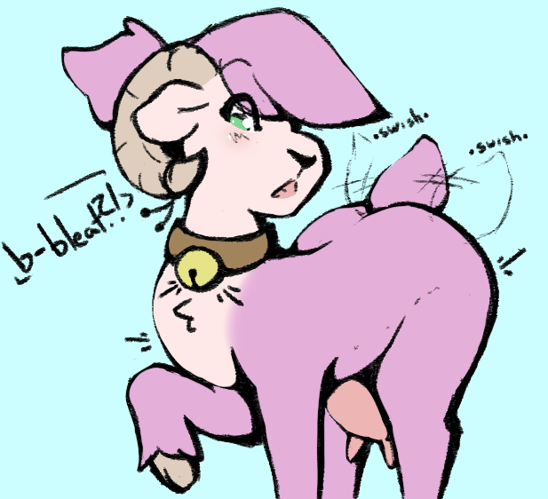 bell bell_collar big_butt bleating blush butt caprine_teats caprine_udders cloven_hooves collar countershading female feral fur green_eyes hair hooves horizontal_pupils horn multicolored_body multicolored_fur open_mouth pink_body pink_fur ponytail pupils solo surprise tail tail_motion tailwag teats thick_thighs two_tone_body two_tone_fur udders white_body white_fur petsoftthings_(artist) yanna_(character) bovid caprine goat mammal