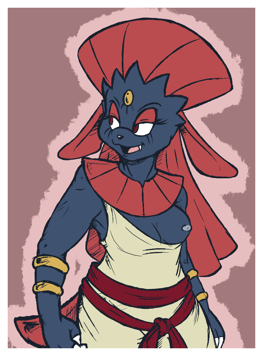 anthro bracelet breasts claws clothed clothing egyptian eyelashes fangs female jewelry nipples one_breast_out open_mouth red_eyes simple_background smile solo teeth fiztheancient nintendo pokemon generation_4_pokemon pokemon_(species) weavile 2011