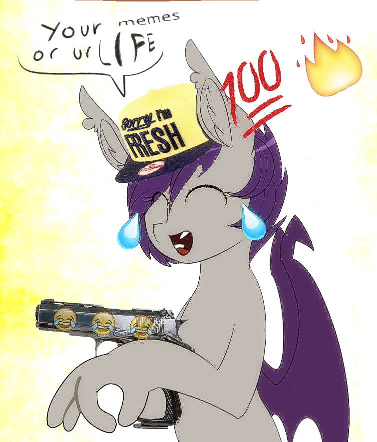 baseball_cap bodily_fluids clothing cursed_image dialogue emoji female fire gesture gun hat hat_only headgear headgear_only headwear headwear_only mostly_nude ranged_weapon side_view solo speech_bubble tears text weapon replica_(artist) third-party_edit hasbro my_little_pony fan_character nolegs_(oc) bat_pony equid mammal 2018 digital_media_(artwork) english_text half-length_portrait lol_comments meme portrait