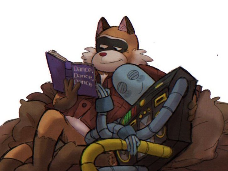 book brown_body clothing duo eyes_closed grey_body hug machine pillow reading shirt sitting slightly_chubby smile topwear hxboox03 robot_dreams rascal_(robot_dreams) robot_(robot_dreams) mammal procyonid raccoon robot