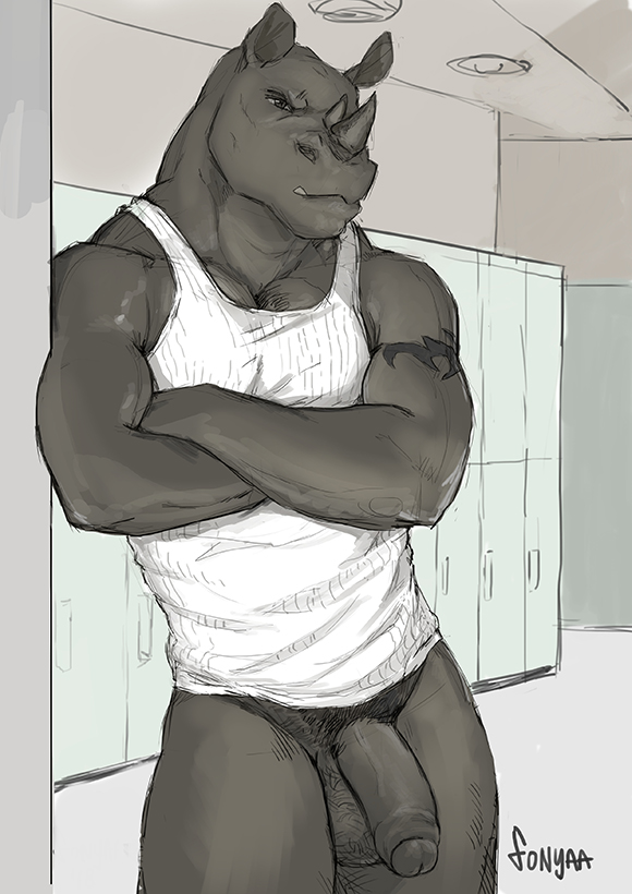 anthro arm_tattoo balls biceps big_penis bottomless bottomless_male clothed clothing crossed_arms deltoids exposed flaccid foreskin frown genitals horn humanoid_genitalia humanoid_penis inside locker locker_room looking_at_viewer male manly muscular pecs penis pubes scowl shirt shirt_only solo standing tank_top tank_top_only tattoo topwear topwear_only triceps white_clothing white_shirt white_tank_top white_topwear fonyaa ryan_carthage mammal rhinoceros 2018