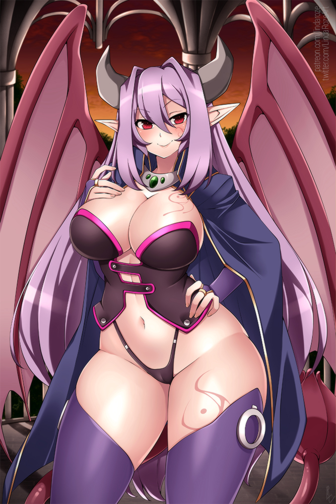 big_breasts breasts clothed clothing female horn mantle membrane_(anatomy) membranous_wings monster_girl_(genre) not_furry panties solo thick_thighs underwear wings lindaroze_(artist) monster_girl_quest alma_elma demon demon_humanoid humanoid