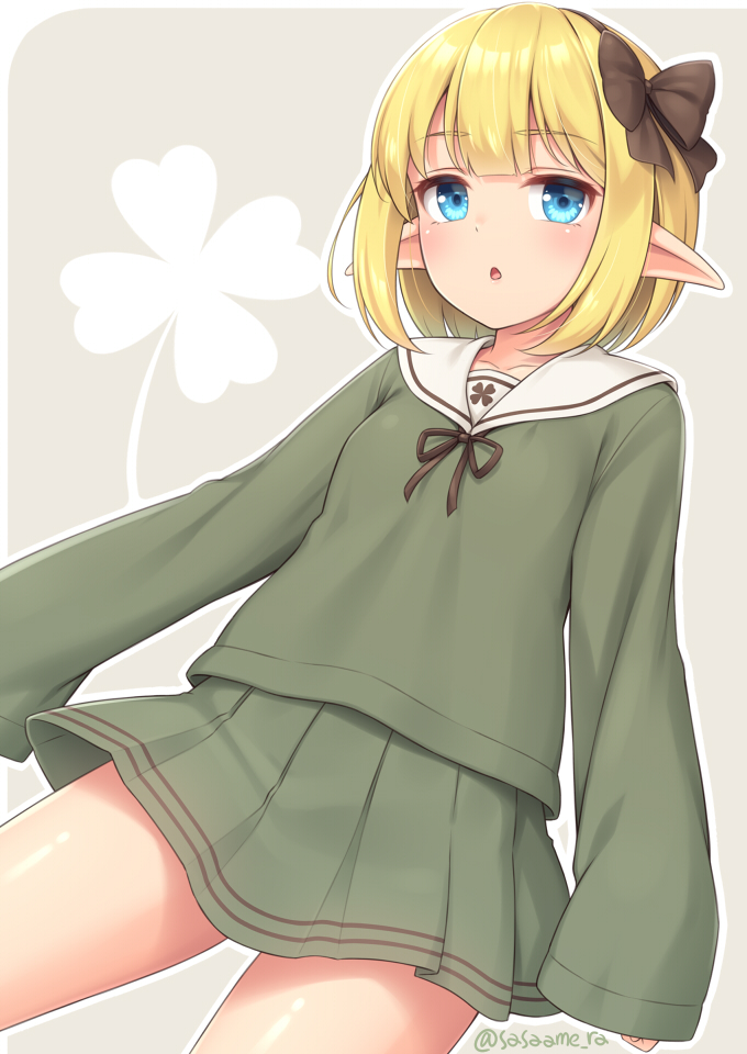 accessory blonde_hair blue_eyes bottomwear bow_(feature) bow_accessory bow_ribbon clothed clothing female hair hair_accessory hair_bow hair_ribbon humanoid_pointy_ears not_furry pointy_ears ribbons skirt solo sand-rain elf humanoid 2021