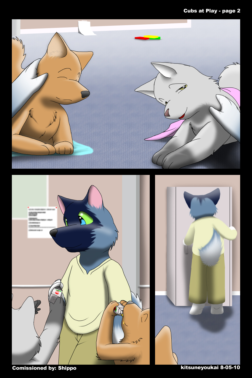 ambiguous_gender anthro daycare fur group lying male stripes tail text young young_anthro kitsune_youkai cubs_at_play canid canine canis fox lagomorph leporid mammal rabbit wolf 2010 2:3 comic english_text hi_res shaded