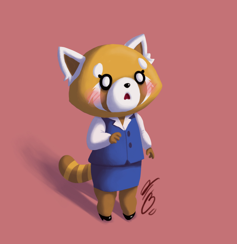 anthro blush bottomwear clothing female open_mouth pencil_skirt pink_background simple_background skirt solo white_eyes nibhaaz aggretsuko sanrio retsuko ailurid mammal red_panda digital_media_(artwork)