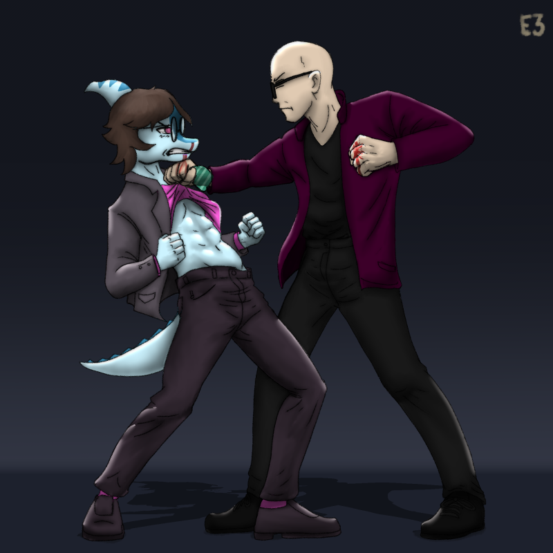 5_fingers abs aggressive angry anthro athletic athletic_anthro athletic_male bald biped black_bottomwear black_clothing black_pants black_shirt black_topwear blood blood_on_hand blue_body blue_scales bodily_fluids bone_frill bottomwear brown_hair clothed clothing clothing_lift duo eyewear feet fight fingers fist footwear frill_(anatomy) frown grey_background grey_clothing grey_jacket grey_topwear hair holding_clothing holding_object holding_shirt holding_topwear humanoid_feet humanoid_hands jacket long_tail looking_at_another male markings medium_hair multicolored_body multicolored_scales nosebleed pants pink_clothing pink_footwear pink_shirt pink_socks pink_topwear plantigrade purple_eyes red_clothing red_jacket red_topwear scales shadow shirt shirt_lift shoes side_view simple_background socks spiked_tail spikes spikes_(anatomy) standing striped_markings stripes sunglasses tail teeth topwear two_tone_body two_tone_scales purplekatsnek cavemanon_studios i_wani_hug_that_gator benjamin_mcknight inco_(iwhtg) dinosaur hadrosaurid human mammal ornithischian ornithopod parasaurolophus prehistoric_species reptile scalie 1:1 2024 colored shaded