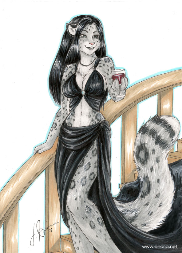 alcohol anthro beverage biped black_hair breasts classy cleavage clothed clothing descending dress eyebrows female food glass hair jewelry leopard_spots necklace smile solo spots stairs standing tail text wine jennifer_l_anderson felid mammal pantherine snow_leopard tara_(disambiguation) url