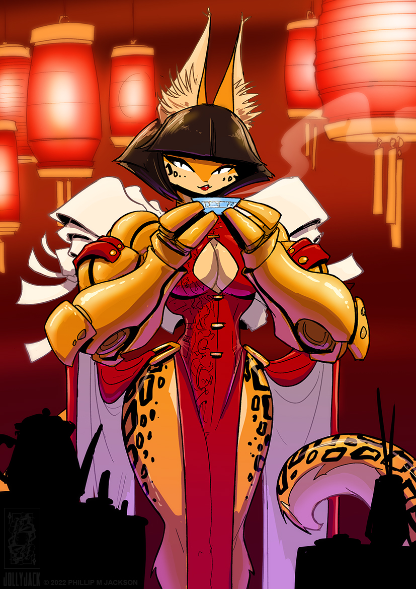 anthro asian_clothing black_body black_eyes black_fur black_hair breasts chinese_clothing cleavage clothed clothing container cup cybernetic_arm cybernetic_limb cybernetics dress east_asian_clothing female fur hair incense incense_stick lamp lantern leopard_spots lips looking_at_viewer machine orange_body orange_fur paper_lantern red_lips silhouette solo spots steam tan_body tan_fur tea_cup teapot conditional_dnp jollyjack cyborg felid feline mammal serval 2022