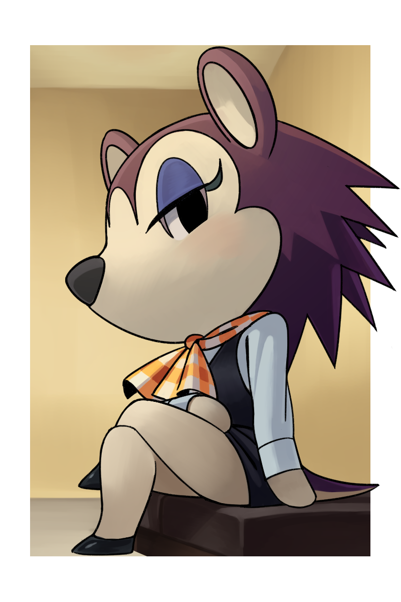 anthro clothing dress eyelashes female footwear looking_at_viewer on_model shoes sitting solo katahane3 animal_crossing nintendo label_able eulipotyphlan hedgehog mammal 2018 2:3 hi_res