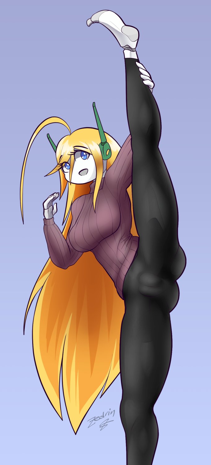 ahoge barefoot big_breasts blonde_hair blue_eyes bottomwear breasts camel_toe clothing feet female hair long_hair looking_at_viewer machine open_mouth pants raised_leg shirt simple_background smile solo text topwear white_body zedrin cave_story curly_brace android humanoid robot hi_res signature