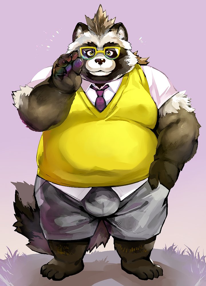 anthro black_nose bottomwear brown_body brown_fur bulge clothing eyewear fur glasses humanoid_hands kemono male necktie outside overweight overweight_anthro overweight_male shirt shorts solo topwear nekomarudon tanukimaru canid canine mammal raccoon_dog tanuki 2021