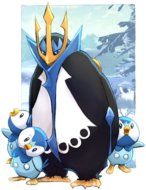 ambiguous_gender anthro beak black_body blue_body crown family feet gold_(metal) group headgear ice looking_at_another membrane_(anatomy) plant toes tree webbed_feet white_body unknown_artist nintendo pokemon avian bird empoleon generation_4_pokemon piplup pokemon_(species)