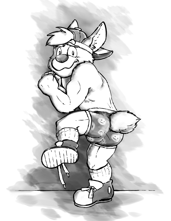 anthro backwards_cap briefs bulge butt clothed clothing footwear holidays male print_briefs print_clothing print_underwear scared shoes socks solo topless underwear vir-no-vigoratus halloween avery_(vir-no-vigoratus) canid canine canis domestic_dog herding_dog mammal pastoral_dog welsh_corgi monochrome