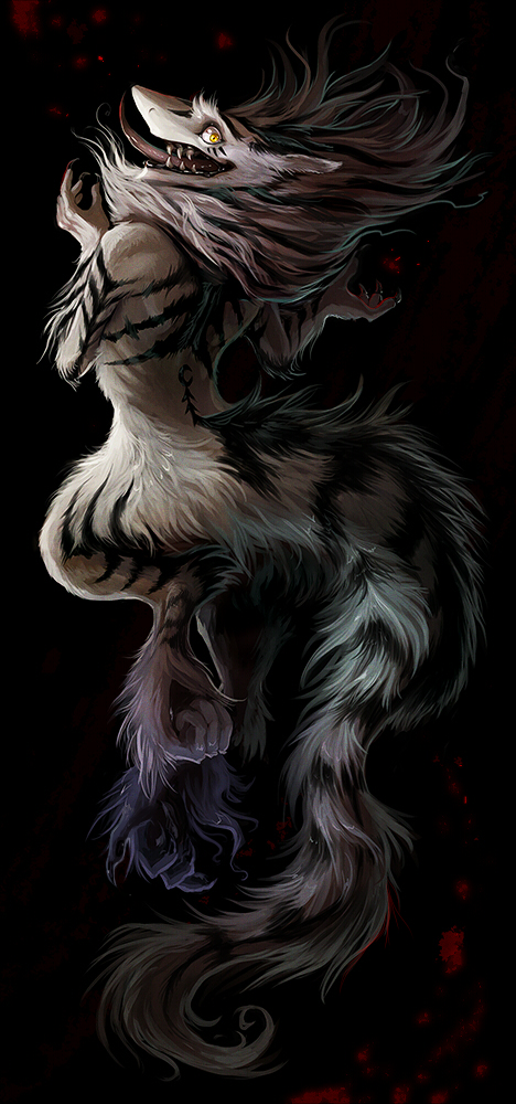 ambiguous_gender anthro biped blood bodily_fluids claws fangs jumping looking_back simple_background solo tail teeth tongue tongue_out yellow_eyes maelice byakurai_tora mammal sergal 2012