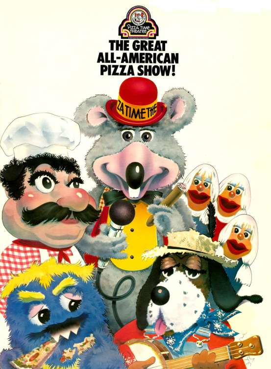 1970s advertisement anthro banjo_(instrument) black_hair blue_clothing bow_tie brown_body brown_fur checkered checkered_clothing chef chef_hat chef_uniform cigar clothing derby eating electronics female food fur glare grey_body grey_fur group hair hankerchief hat headgear headwear italian kerchief male mascot microphone musical_instrument neckerchief neckwear overalls overweight pattern_clothing pizza plucked_string_instrument purple_body purple_fur red_clothing red_nose simple_background smoking smoking_cigar straw_hat string_instrument text tongue tongue_out topwear vest white_background white_hair yellow_body yellow_clothing yellow_fur lee_marrs chuck_e._cheese's_pizzeria pizza_time_theatre pizza_time_theatre_incorporated the_great_all_american_pizza_show charles_entertainment_cheese jasper_t._jowls mr._munch pasqually_p._pieplate the_mopsey_sisters alien canid canine canis domestic_dog human humanoid mammal monster murid murine rat rodent 1979 20th_century ancient_art