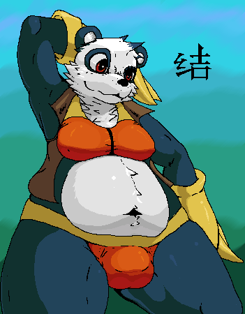 anthro balls_outline belly bulge detailed_bulge genital_outline male moobs navel slightly_chubby solo kaivolate raptorkou bear giant_panda mammal low_res