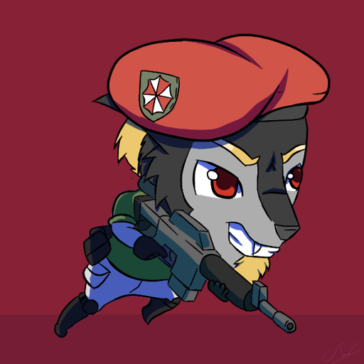 beret black_body black_fur blonde_hair chibi clothing fur gun hair hat headgear headwear male military ranged_weapon rifle solo weapon theshywolf blizzard_entertainment capcom overwatch resident_evil umbrella_corporation umbrella_soldier_(resident_evil) canid canine canis mammal wolf 1:1 traced