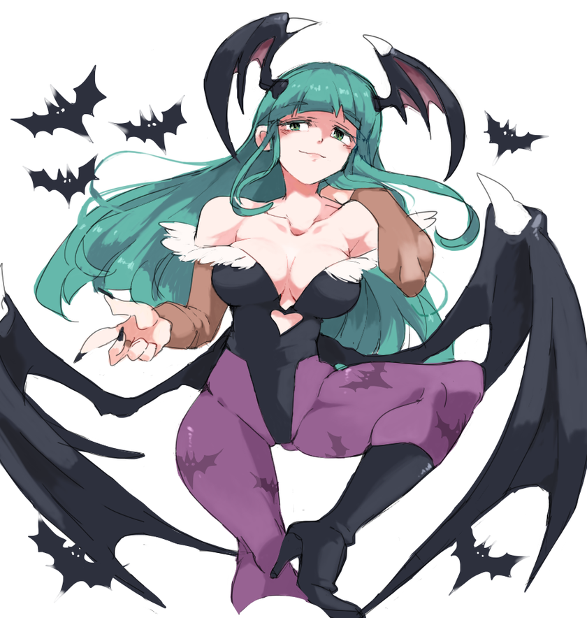 5_fingers armwear boots breasts cleavage clothed clothing female fingers footwear green_eyes green_hair hair high_heeled_boots high_heels long_hair membrane_(anatomy) membranous_wings not_furry shoes solo wings iroyopon capcom darkstalkers morrigan_aensland demon demon_humanoid humanoid succubus 2013