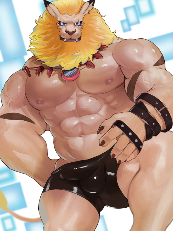 abs anthro belt black_boxer_briefs black_clothing black_underwear blonde_hair blue_eyes boxer_briefs bulge clothing hair male mane mane_hair muscular muscular_anthro muscular_male nipples pecs scar solo underwear fug@9 bandai_namco digimon digimon_(species) leomon 3:4