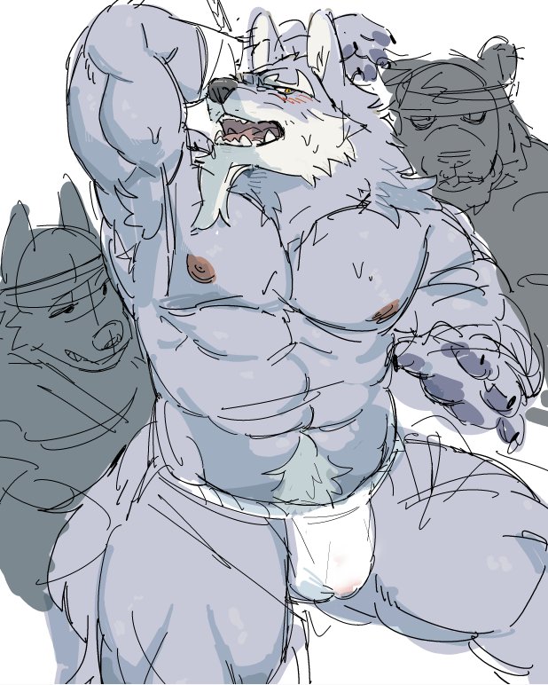 abs anthro asian_clothing beard biceps black_nose blush clothed clothing east_asian_clothing eyebrows facial_hair fundoshi fundoshi_only fur grey_body grey_fur grey_pubes grey_tail group japanese_clothing male muscular muscular_anthro muscular_male muscular_thighs nipples open_mouth pecs pubes solo_focus tail thick_eyebrows topless triceps trio underwear underwear_only white_eyebrows yellow_eyes artxtcy sdorica law_(sdorica) bear canid canine canis mammal wolf 2025 colored_sketch sketch