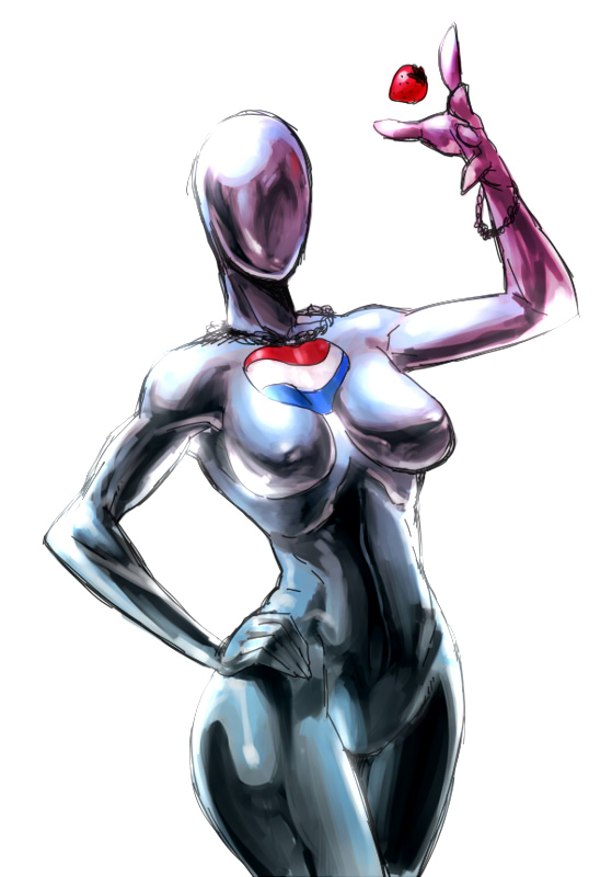 big_breasts bracelet breasts covered_nipples crossgender eyeless faceless female food fruit glistening hand_on_hip jewelry metallic_body mouthless necklace nipples noseless not_furry plant simple_background solo strawberry white_background wide_hips space_zin pepsi pepsiman_(character) pepsiwoman_(character) humanoid