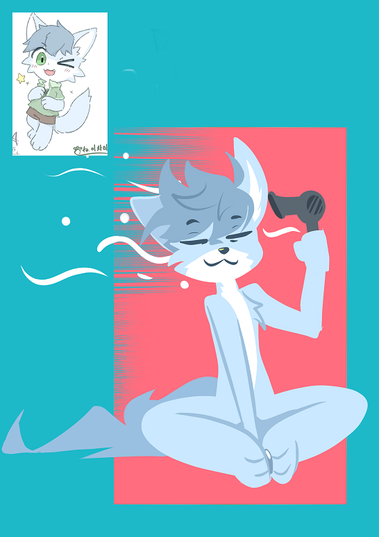 ambiguous_gender anthro blue_body blue_fur bottomwear clothing dryer eyes_closed fur green_eyes hair_dryer holding_object nude shorts simple_background sitting solo star tail white_body white_fur hydrabb 2023 digital_media_(artwork) reference_image