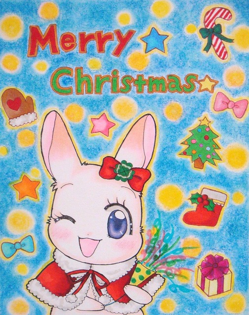 3_fingers anthro blush clover_(plant) eyelashes female fingers fur holidays japanese looking_at_viewer one_eye_closed orange_body orange_fur plant purple_eyes shamrock short_fur solo white_body white_fur wink yokki_(pixiv) christmas happy_happy_clover pixiv sayuri_tatsuyama clover_(happy_happy_clover) lagomorph leporid mammal rabbit