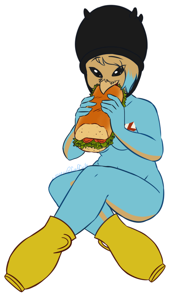 anthro beak blue_body blue_skin cauldron clothing eating eating_food female food footwear fruit headgear jug lettuce plant sandwich_(food) simple_background sitting solo submarine_sandwich tomato transparent_background vegetable roseinthewoods mererna avian bird demon alpha_channel