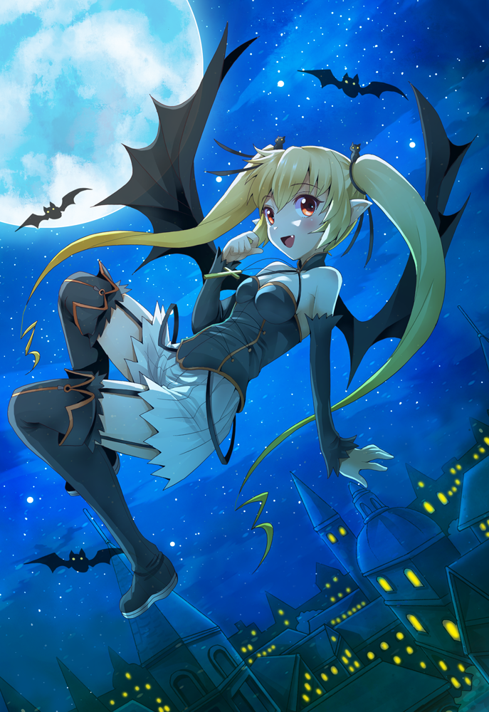 :d ambient_silhouette black_clothing black_legwear blonde_hair blush breasts city cleavage clothed clothing detailed_background fangs female full_moon garter_straps group hair humanoid_pointy_ears legwear long_hair membrane_(anatomy) membranous_wings moon night open_mouth outside pigtails red_eyes silhouette sky smile solo_focus star starry_sky stockings teeth thigh_highs thigh_strap tongue wings michii_yuuki magical_pokaan pachira_(magical_pokaan) pichara_(character) ambient_bat ambient_flier bat humanoid mammal vampire winged_humanoid