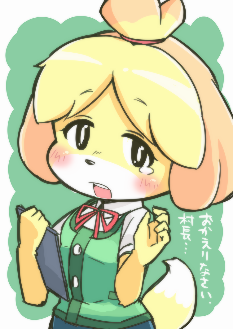 accessory anthro black_nose blonde_hair clothed clothing dress female fur hair hair_accessory short_hair solo text uniform white_body white_fur yellow_body yellow_fur nikuq_owata animal_crossing nintendo isabelle_(animal_crossing) canid canine canis domestic_dog mammal shih_tzu toy_dog 2015 japanese_text translated