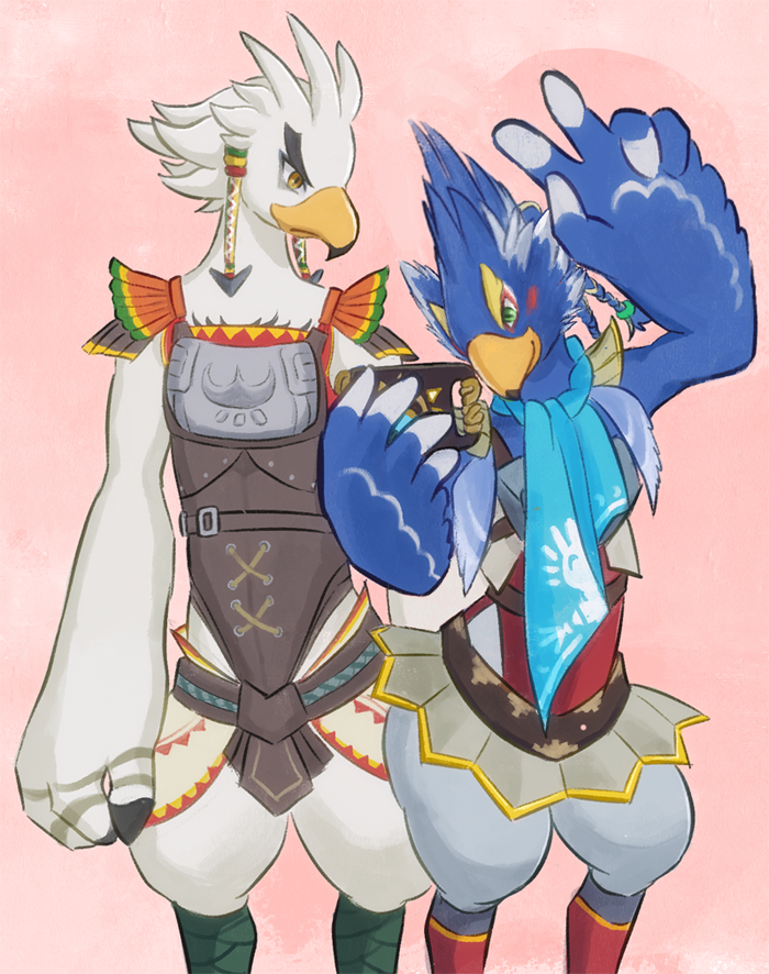 anthro armor beak blue_body blue_feathers braided_pseudo_hair camera clothed clothing duo feathers gesture green_eyes hand_gesture holding_object looking_down male multicolored_body multicolored_feathers selfie sheikah_slate simple_background smile tablet_computer v_sign white_body white_feathers wings yellow_eyes sheep_riritoto breath_of_the_wild nintendo the_legend_of_zelda revali teba_(tloz) avian bird rito