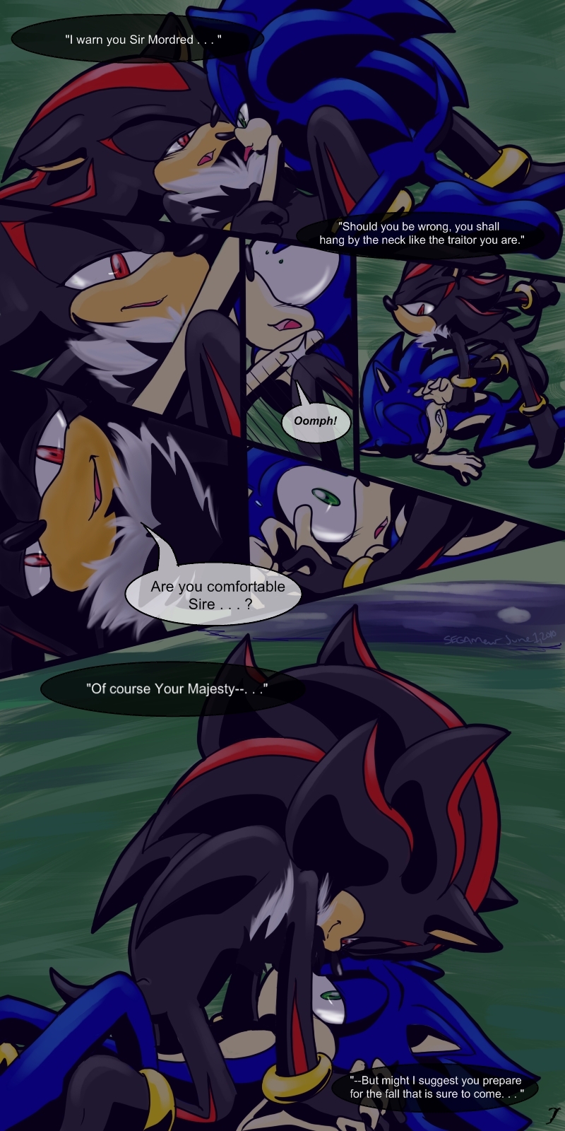 anthro black_body black_fur blue_body blue_fur butt dialogue dominant dominant_male duo fur male male/male male_on_bottom male_on_top on_bottom on_top royalty speech_bubble surprise teasing text segamew sega sonic_the_hedgehog_(series) shadow_the_hedgehog sonic_the_hedgehog eulipotyphlan hedgehog mammal 1:2 comic english_text hi_res