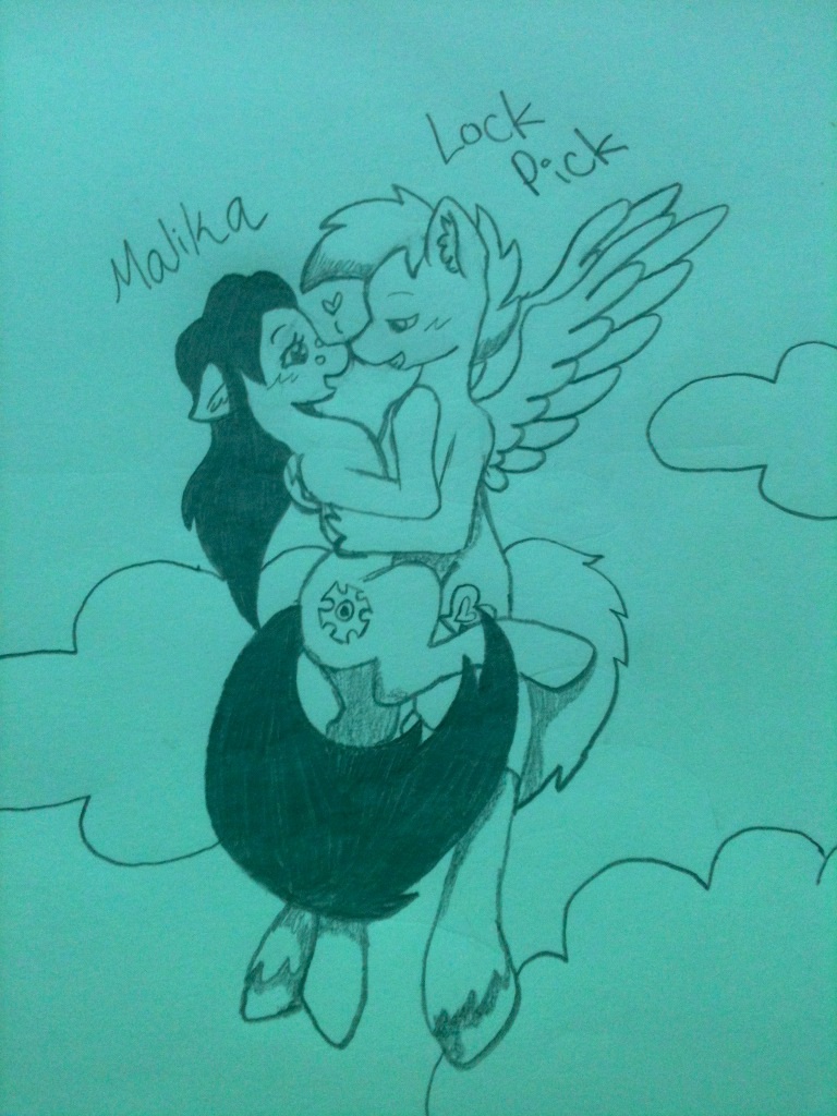 blush cloud crossgender cutie_mark duo feathered_wings feathers female flying grin heart_symbol hug male outside sky skyscape smile wings jackalopedewey hasbro my_little_pony mythology fan_character lock_pick malika sweet_key equid equine mammal mythological_creature mythological_equine pegasus 3:4