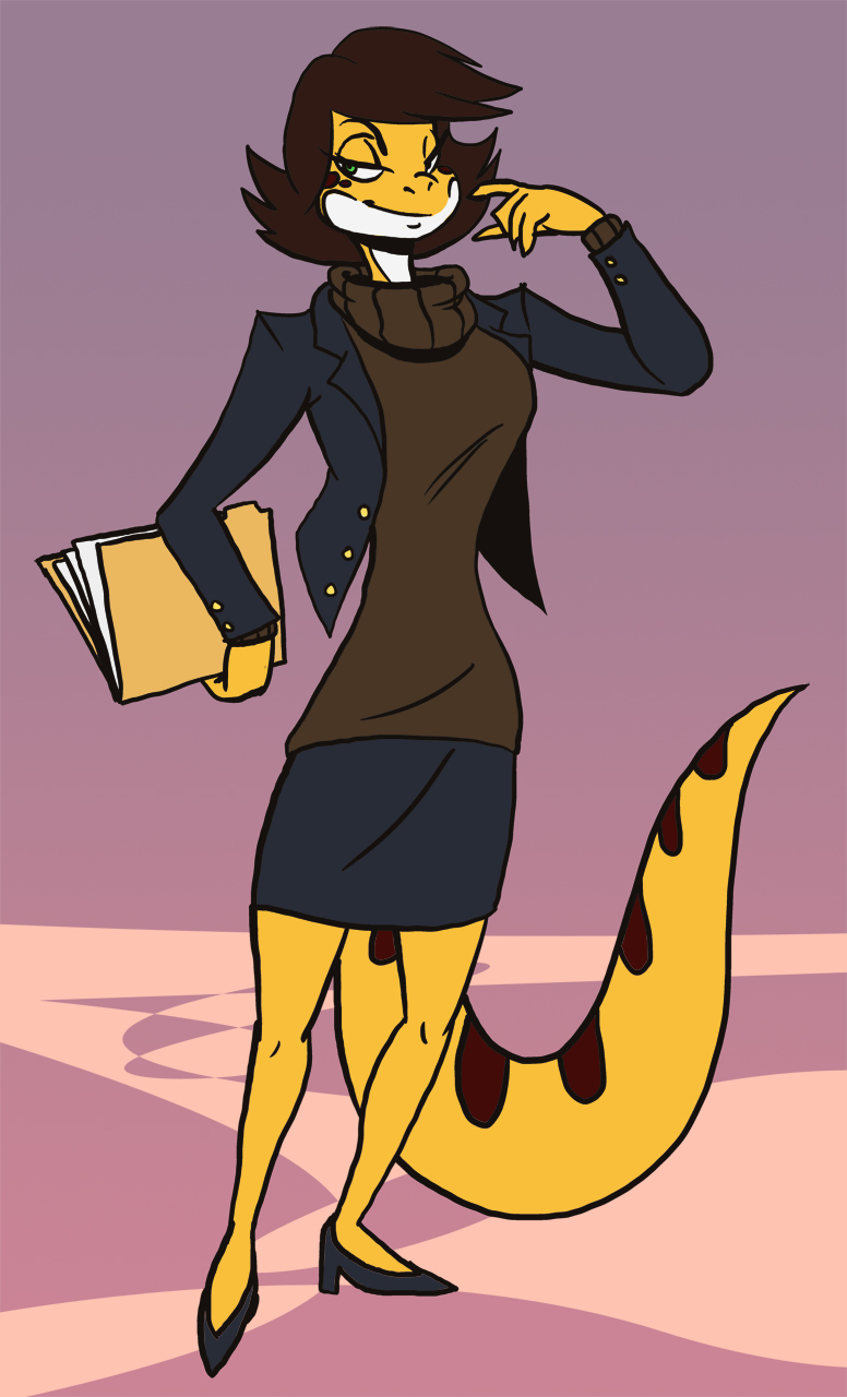 anthro biped bottomwear brown_hair business_suit clothed clothing female folder footwear green_eyes hair high_heels pumps shoes skirt smile solo suit sweater topwear volkenfox haley_(volkenfox) eublepharid gecko leopard_gecko lizard reptile scalie hi_res