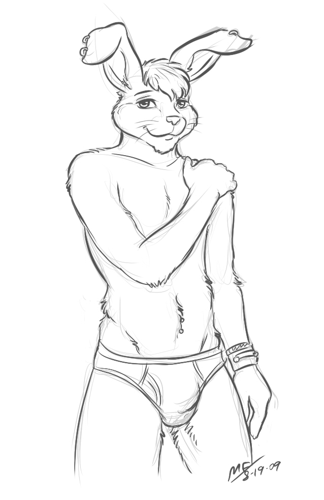 anthro arm_at_side bent_ears briefs bulge chin_tuft clothing ear_piercing ear_ring facial_tuft hair hand_on_shoulder long_ears looking_at_viewer male navel navel_piercing piercing ring_piercing short_hair simple_background smile solo tighty_whities tuft underwear whiskers white_briefs white_clothing white_underwear wristband conditional_dnp moodyferret lagomorph leporid mammal rabbit 2009 black_and_white digital_media_(artwork) greyscale monochrome