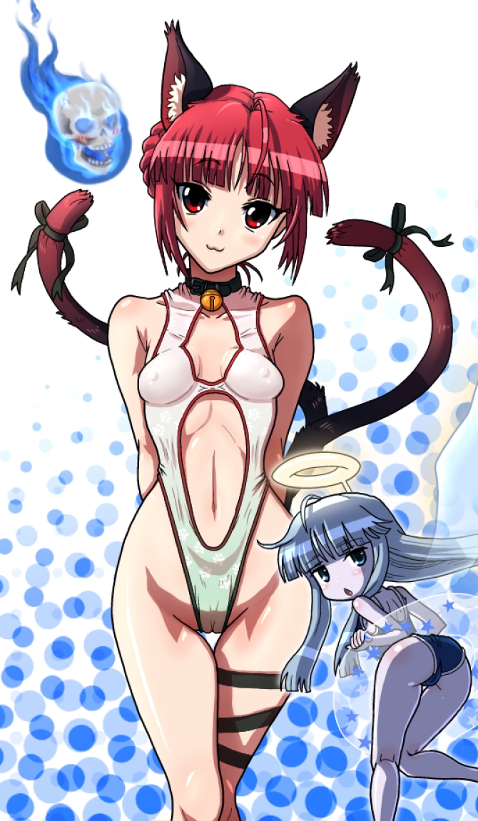 :3 accessory ahoge bare_shoulders bell bell_collar belly_cutout blue_eyes blush bone breasts butt camel_toe cat_tail cleavage cleavage_cutout clothed clothing collar cutout duo female furgonomics hair halo hands_behind_back inflatable inner_tube long_hair looking_at_viewer midriff multi_tail navel one-piece_swimsuit pale_skin pool_toy red_eyes red_hair ribbons silver_hair simple_background skull small_breasts smile swimwear tail tail_accessory tail_ribbon kezune asian_mythology east_asian_mythology japanese_mythology mythology touhou rin_kaenbyou zombie_fairy animal_humanoid cat_humanoid felid felid_humanoid feline feline_humanoid human humanoid mammal mammal_humanoid nekomata yokai