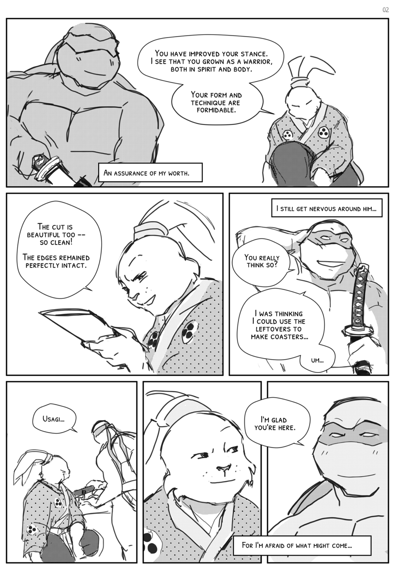 dialogue male text ruran teenage_mutant_ninja_turtles usagi_yojimbo leonardo_(tmnt) miyamoto_usagi lagomorph leporid mammal rabbit reptile scalie turtle comic english_text monochrome