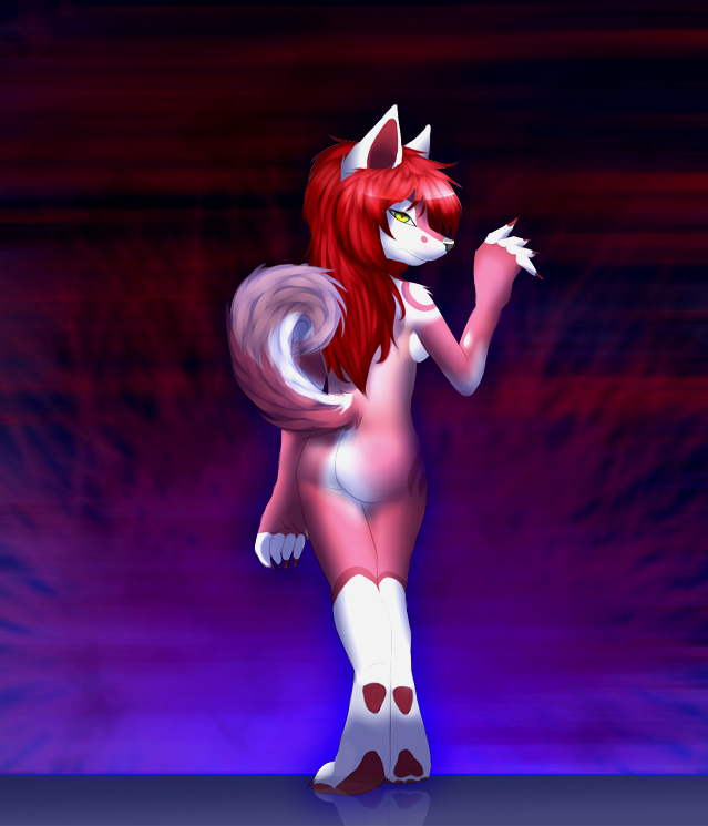 anthro breasts butt claws female fur hair looking_back markings paws red_body red_fur red_hair red_markings side_boob solo white_markings yellow_eyes pacmancorp soriana canid canine canis domestic_dog mammal