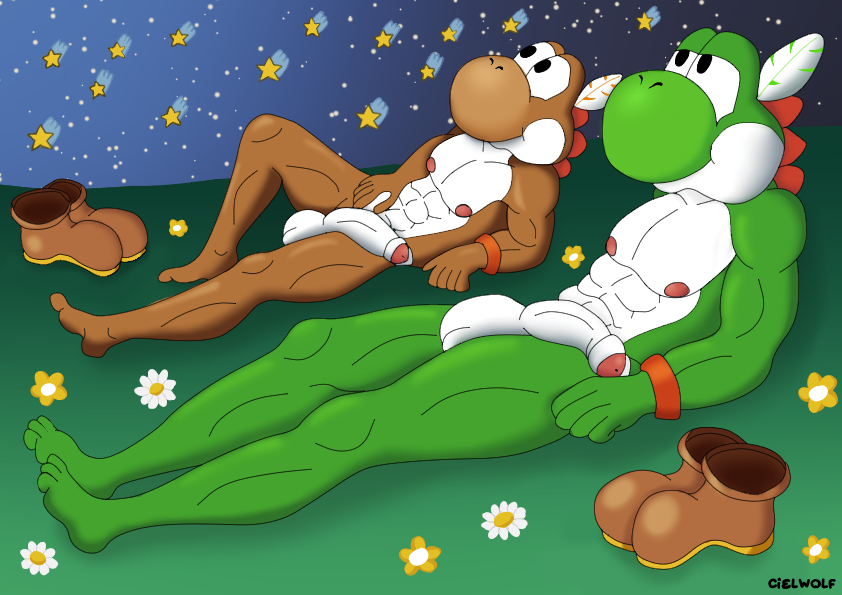 anthro balls brown_body clothing duo feathers flower footwear genitals grass green_body male male/male muscular muscular_anthro muscular_male night nipples penis plant shoes star white_penis ciel-wolf mario_bros mythology nintendo paper_mario village_leader_yoshi village_leader_yoshi's_friend brown_yoshi dinosaur dragon green_yoshi mythological_creature mythological_scalie prehistoric_species reptile scalie yoshi