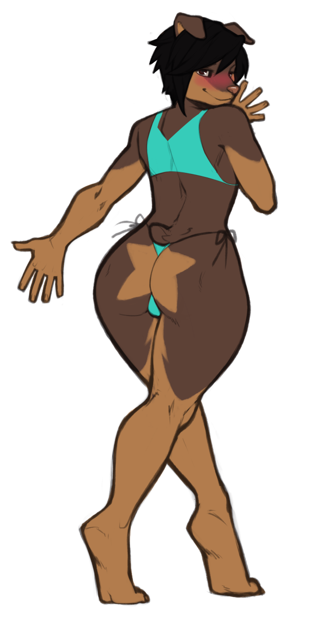 anthro big_butt bikini bikini_bottom bikini_top biped butt clothing feet hair male plantigrade solo swimwear two-piece_swimsuit wide_hips spearfrost kaj_(vaerinn) canid canine canis domestic_dog mammal mastiff molosser rottweiler hi_res